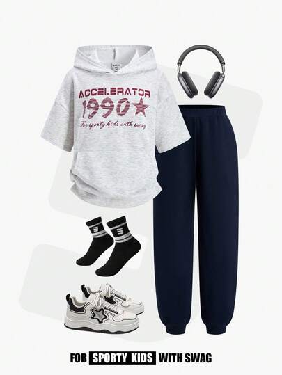 JNSQ Tween Boys 2-Piece Set: Graphic Letter Print Hoodie Sweatshirt And Loose Casual Sweatpants, Suitable For Spring/Summer Outdoor Activities, Casual, Vacation, Streetwear