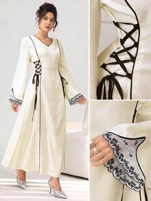SHEIN Najma Đầm hoa tay dài cổ chữ V thanh lịch, màu tương phản, thắt eo cho nữ - Màu be - Xem 1