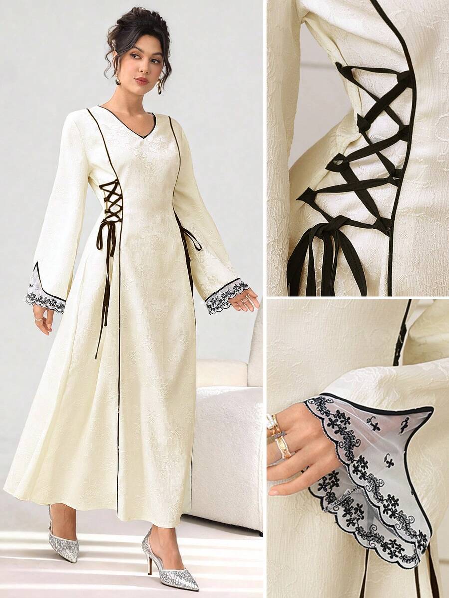 SHEIN Najma Đầm hoa tay dài cổ chữ V thanh lịch, màu tương phản, thắt eo cho nữ - Màu be - Xem 1
