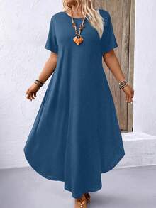 Breezaya Đầm dài tay ngắn cổ tròn màu trơn cỡ lớn dành cho nữ. - Màu xanh lam - Xem 4