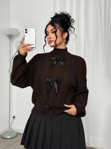 Elenzga Suéter de Gola Redonda com Laço para Mulheres Plus Size - Castanho - Visão 1