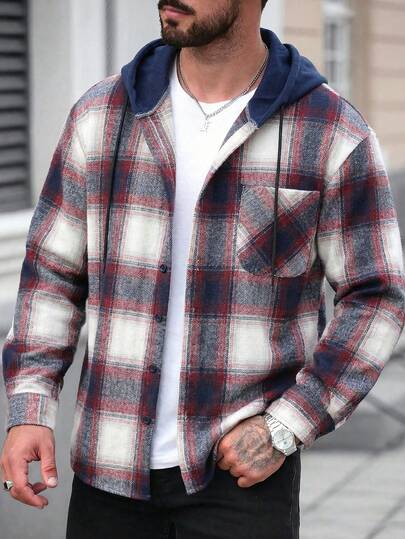 Manfinity CasualCool Men's Plaid Long Sleeve Hooded Jacket Shirt, Comfortable Plaid Fabric With Hoodie, Single Pocket, Casual For Vacation, Minimalist Business, Party, Daily Office, Casual Date, Classic Lumberjack Style Shirt, Suitable To Pair With Jeans Or Casual Pants, Great For Self-Wear Or Gift To Friends, Perfect For Hooded Shirts For Men Men Shacket Men Flannels Flannel Hoodie Men Plaid Jacket Men