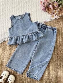 LMoss Kids 2pcs/Set Young Girl' Cute Blue Denim Loose Fit Camisole And Pants Set,Spring Outfits, Summer Outfits,Casual And Fashionable Vacation Outfits,Street Wear,2000s Style  ,Comfortable And Soft Denim Set,Vacation Outfits - Light Wash - View 5