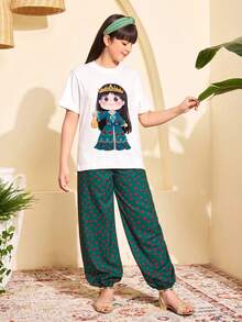 中东风格女童两件套，休闲简约风，卡通小女孩印花短袖衬衫，绿色花朵印花长裤，适合日常和节日穿着，夏季休闲风。 - 綠色 - 查看 4