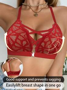 SHEIN Elacene 1 件女士前蕾丝无钢圈文胸 - 紅色 - 查看 3
