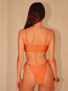 Swim Chiccia 针织性感无缝纹理纯色两件套优雅夏季女士比基尼泳衣套装，适合假日派对、海滩等场合。 - 橘色 - 查看 3