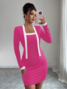 Elenzga Đầm ngắn ôm sát tay dài 2 trong 1 dành cho nữ - Màu Hồng Tươi - Xem 9