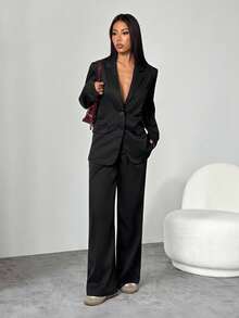 SHEIN PETITE Bộ vest quần dài tay rộng rãi họa tiết màu đen tối giản dành cho nữ trẻ, trang phục công sở thường ngày cơ bản - màu đen - Xem 8