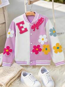 SHEIN Girls' Casual Fashionable Versatile Colorful 3D Floral Contrast Color Loose Baseball Jacket Coat, Spring/Autumn - Purple - View 3