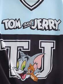 TOM & JERRY X SHEIN Tween Girl Casual Colorblock Cartoon Print V-Neck T-Shirt And Shorts Set, Summer - Black - View 4