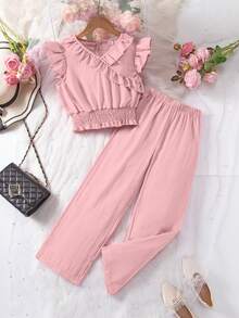 Sparklyn 2pcs/Set Tween Girl Textured Jacquard V Neck Flounce Sleeve Crop Top And Elastic Waist Pants, Casual Vacation Set For Spring & Summer,Holiday,Summer,Travel