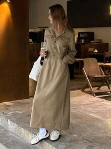 DAZY 实用风格翻领长袖衬衫裙，女士中长款连衣裙 - 卡其色 - 查看 8