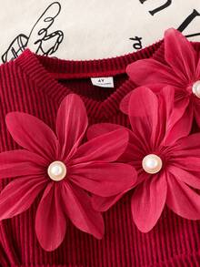 两件套女童罗纹长袖V领T恤（饰有3D珍珠花朵）及裤子套装，优雅初秋时尚装扮 - 紅色 - 查看 8