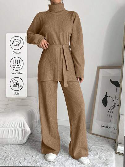 EURMUSE Damset med enfärgad polotröja och stickade byxor, 2 delar, höst/vinter