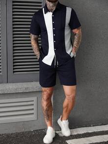 Manfinity Homme Men's Casual Contrast Color Short Sleeve Shirt & Shorts Set - Multicolor - View 4