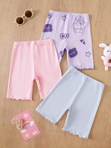 3pcs/Set Girls Capri Leggings, Purple, Pink, Blue, Cartoon Rabbit Pattern, Ribbed Fabric, Elastic Waist, Ruffle Hem, Casual, Comfortable, Stretchy, Summer - Multicolor - View 2