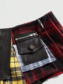 ROMWE Grunge Punk 女士不对称下摆格子拼接半身裙 - 彩色 - 查看 4