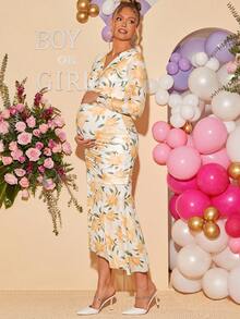 Loomaby 孕妇碎花V领长袖褶皱修身优雅连衣裙 - 彩色 - 查看 4