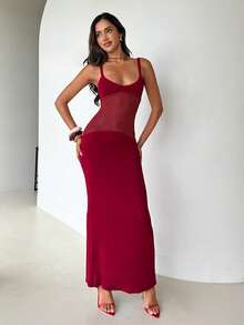 Aloruh Women's Elegant Sexy Romantic Sheer Mesh Patchwork Dress, Suitable For Valentine's Day, Party, Outing, Spring/Summer - Red - View 5