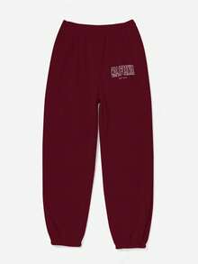 Comfortcana Red Plus Size Women's Thermal Lined Printed Sweatpants, Autumn/Winter - Red - View 9