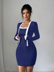 Elenzga Women's 2 In 1 Long Sleeve Bodycon Mini Dress - Navy Blue - View 7