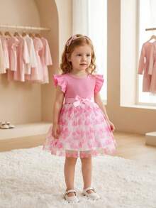 SHEIN Baby Girls' Ruffled Cap Sleeve Ribbed Mesh Round Neck Summer Princess Casual Dress With Belt Girls Outfit Setsفستان دانتيل - Pink - View 3