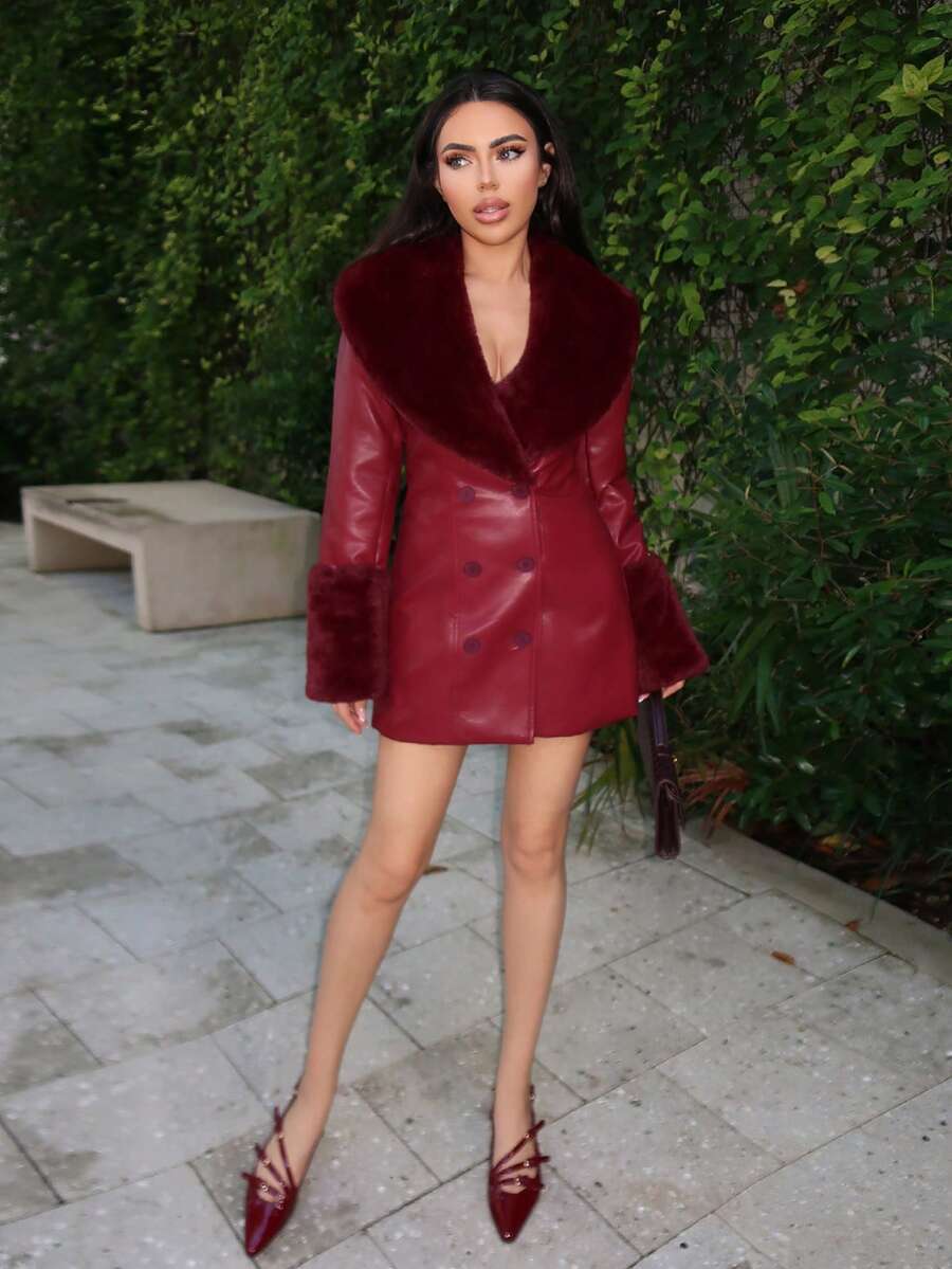 Durrani Popal Women's Wine Red Waist Elegant Fashion Long Sleeve PU Leather Jacket With Fur Collar And Spliced ​​Fur Sleeves, Autumn And Winter Women's Fall Winery Wear Women's Faux Leather Dress Women's Suit Jacket Women's Leather Dress Coat