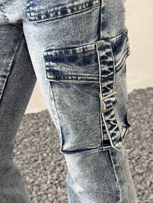 Tween Girls' Summer/Winter/Spring Utility Pocket Casual Flare Leg Blue Jeans,Parent-Child Clothing,Christmas,New Year,Party,Casual - Blue - View 2