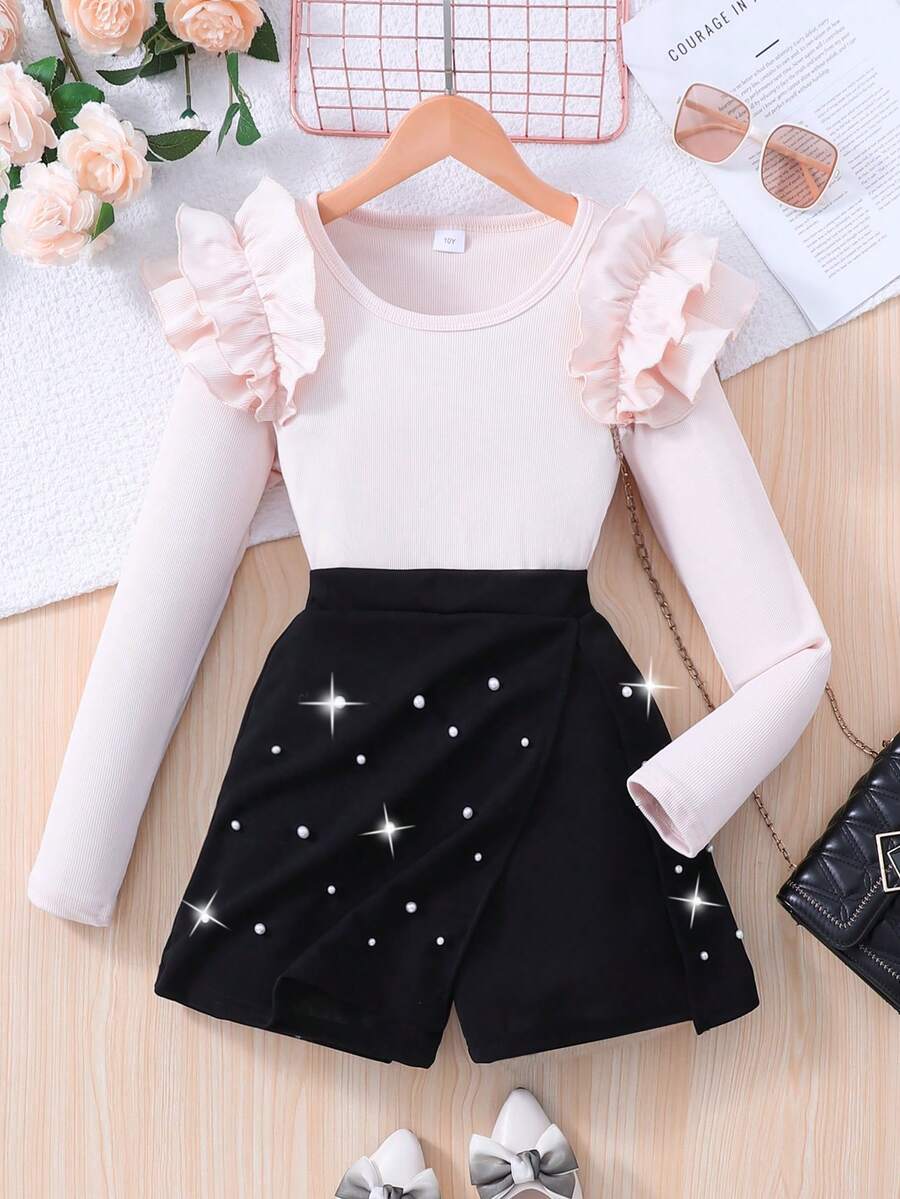 Tween Girl Pink Ruffle Shoulder Long Sleeve Top + Black Faux Pearl Skort Set - Apricot - View 1