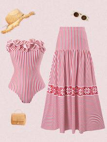 Bonvoyette Floral & Striped Print Bandeau Jumpsuit And Mini Skirt Set - Red - View 3