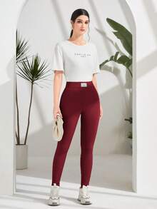 Seusyu 女士字母印花休闲百搭长款打底裤 - 棕色 - 查看 5