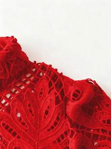 DreamSkyne Plus Size Women's Valentine's Day Lace Hollow Embroidered Elegant Floral Trim Dress - Red - View 4