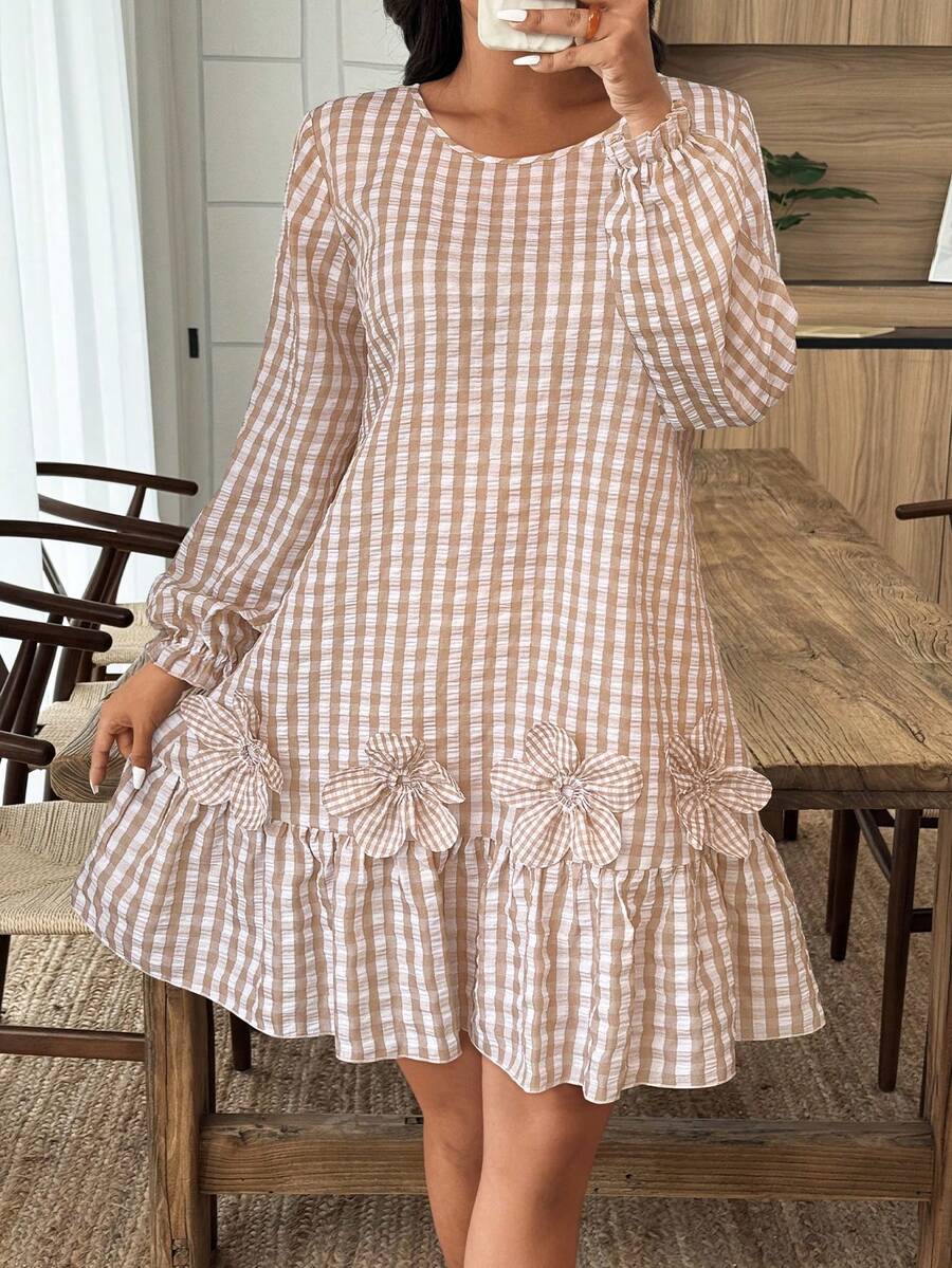 EMERY ROSE Bộ đồ liền thân thường ngày cho nữ có họa tiết hoa 3D, viền bèo nhún họa tiết kẻ caro, mùa thu/đông - Màu Khaki - Xem 1