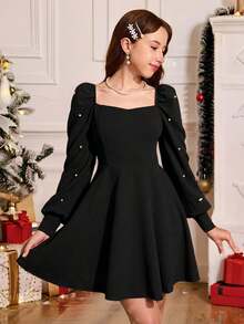 Pitira Trang phục dự tiệc Giáng sinh cho thiếu nữ màu đen/len/mùa đông/thanh lịch/dành cho tiệc tùng/tay phồng đính hạt/khóa ngọc trai/váy ngắn, váy xòe xếp tầng - màu đen - Xem 10