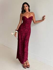 Aloruh 酒红色镂空针织高领修身连衣裙，安哥拉红情人节连衣裙 - 酒紅色 - 查看 4