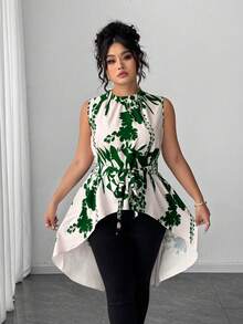 Elenzga Áo kiểu nữ cỡ lớn thanh lịch, in họa tiết, vạt bất đối xứng, không tay, quần áo nữ cỡ lớn, áo kiểu cho người có đường cong cơ thể, áo kiểu đi nhà thờ cho nữ, áo cỡ lớn mùa hè, áo không tay cỡ lớn, áo không tay nữ, áo không tay mùa hè. - Màu xanh lá cây đậm - Xem 3