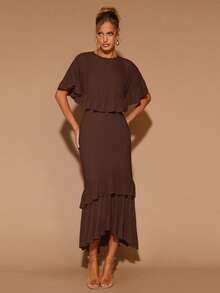 COSMINA 女士优雅荷叶边圆领长连衣裙，适合约会、派对、四季皆宜、情人节等场合，巧克力棕色连衣裙，棕色优雅女士连衣裙，棕色两件套女士连衣裙，咖啡棕色连衣裙，棕色婚礼宾客礼服 - 棕色 - 查看 4