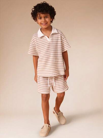 SUMWON Boys Summer Polo Short Set Horizontal Striped Collared Top Elastic Waist Shorts Casual Coordinating Outfit