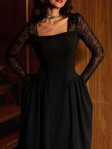 Modelyn 女士黑色扭绳蕾丝腰部抽绳A字优雅连衣裙，春夏款 - 黑色 - 查看 1