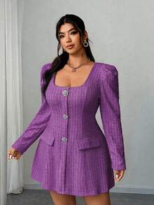 Elenzga Đầm ngắn tay dài thanh lịch, lãng mạn, đính hoa kim cương dành cho nữ cỡ lớn, thích hợp cho tiệc tùng, mùa thu/đông. - Màu tím - Xem 3
