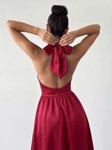 Firerie 女士复古V领露背系带中长连衣裙，适合情人节、音乐会、演出、约会、派对、婚礼等场合，性感优雅，通勤、返校、度假、海滩等浪漫场合皆宜。 - 玫瑰紅 - 查看 4