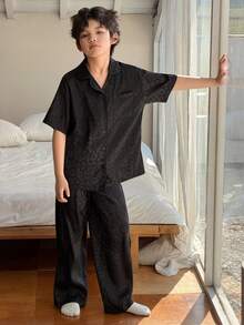 DAZY Tween Boy Leopard Print Jacquard Short Sleeve Top And Pants Pajama Set Spring - Black - View 2
