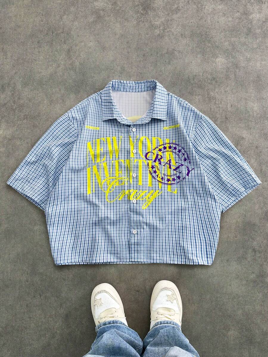 SWAVVY Camisa corta holgada con estampado de cuadros y patrón de cera goteada de moda casual para hombres de talla estándar - Azul - Ver 1