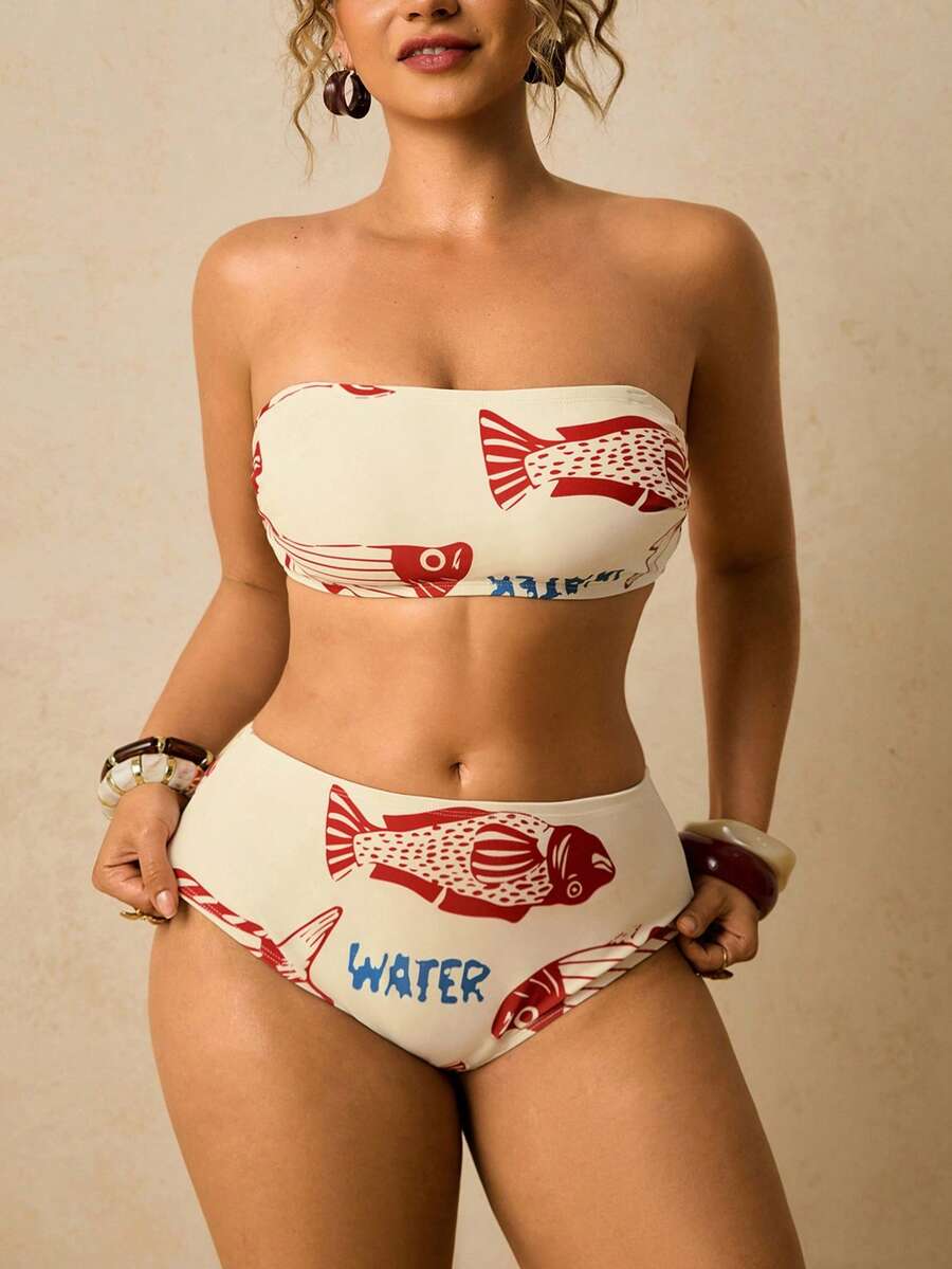 Travachic 大码女士印花泳衣套装，抹胸系带泳衣上装 - 彩色 - 查看 1