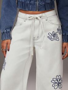 Athîral Women's Casual White Denim Embroidered Wide Leg Pants - White - View 1