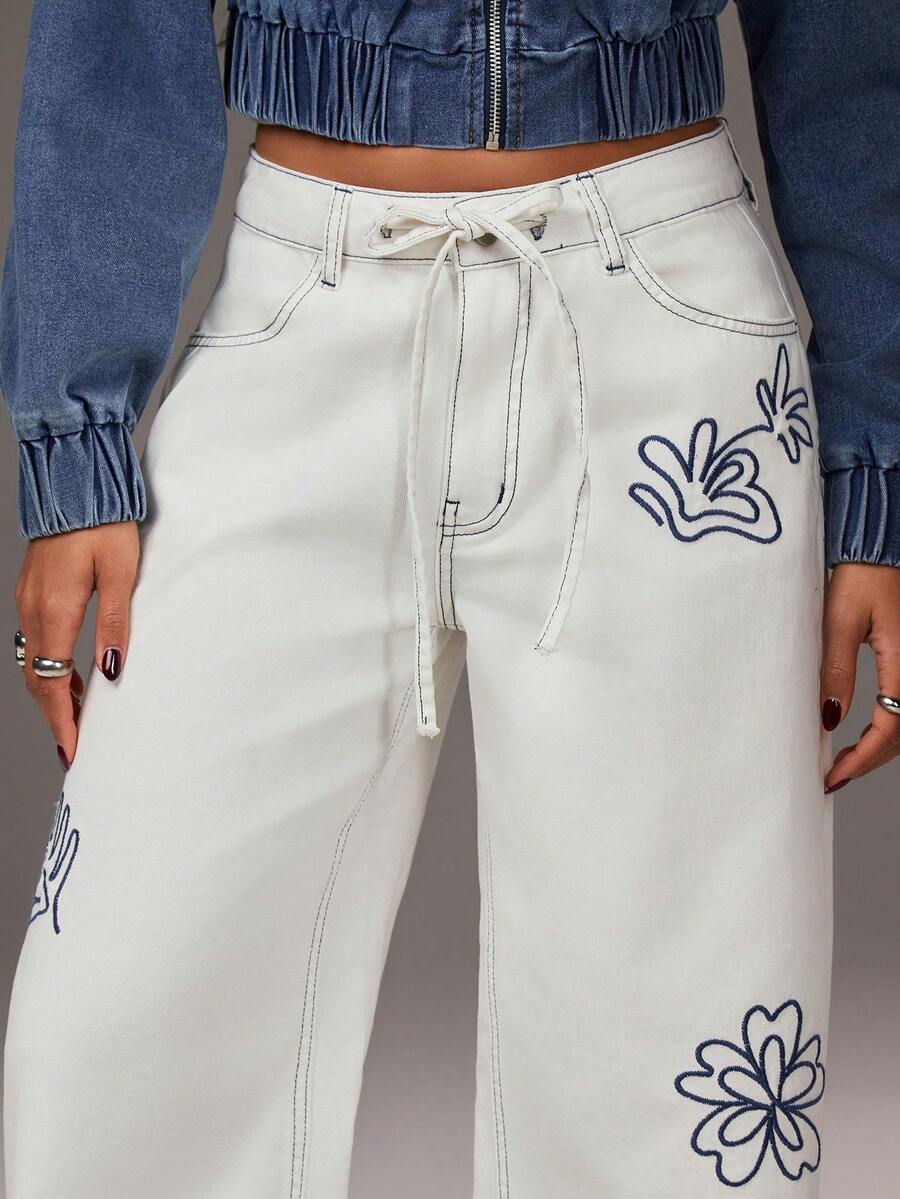 Athîral Women's Casual White Denim Embroidered Wide Leg Pants - White - View 1