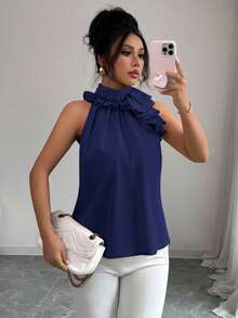 Balvessa Ruched Sleeveless Blouse, Intellectual And Elegant - Navy Blue - View 6