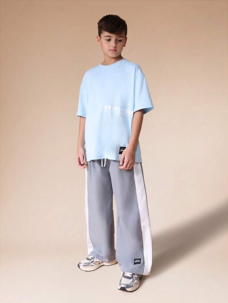 Light Blue Print Tee With Grey Track Pants Set