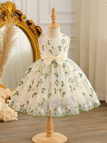 SHEIN Glamorique Kids Embroidered Mesh Round Neck Bow A-Line Toddler Girls' Party Dress