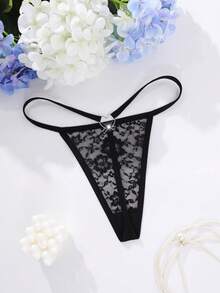 Women's Black Knitted Fabric Thong With Ring Detail Fantasy Gorgeous Underwear - Black - View 4